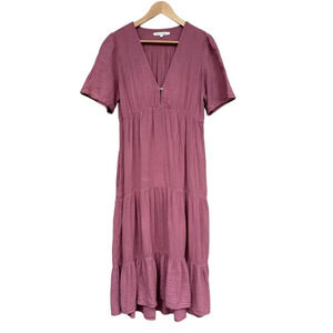 Xirena Dress Gauze Cotton V-Neck Tiered Short Sleeve Pockets Mauve Pink Size S